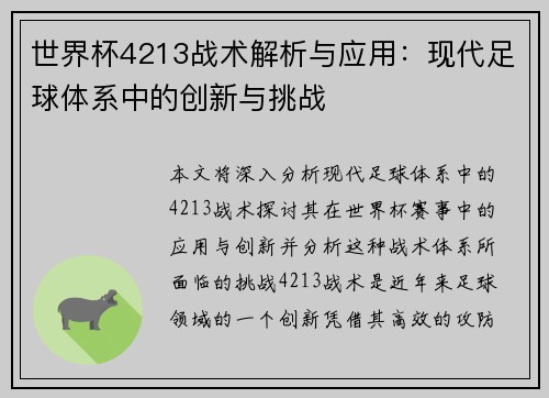 世界杯4213战术解析与应用：现代足球体系中的创新与挑战