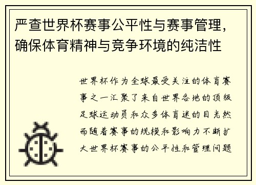 严查世界杯赛事公平性与赛事管理，确保体育精神与竞争环境的纯洁性